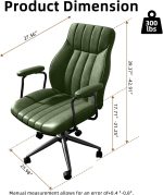 Green Leather Office Desk Chair with Wheels and Arms, Height Adjustable, Vintage, Mid Century Modern Style - Image 2