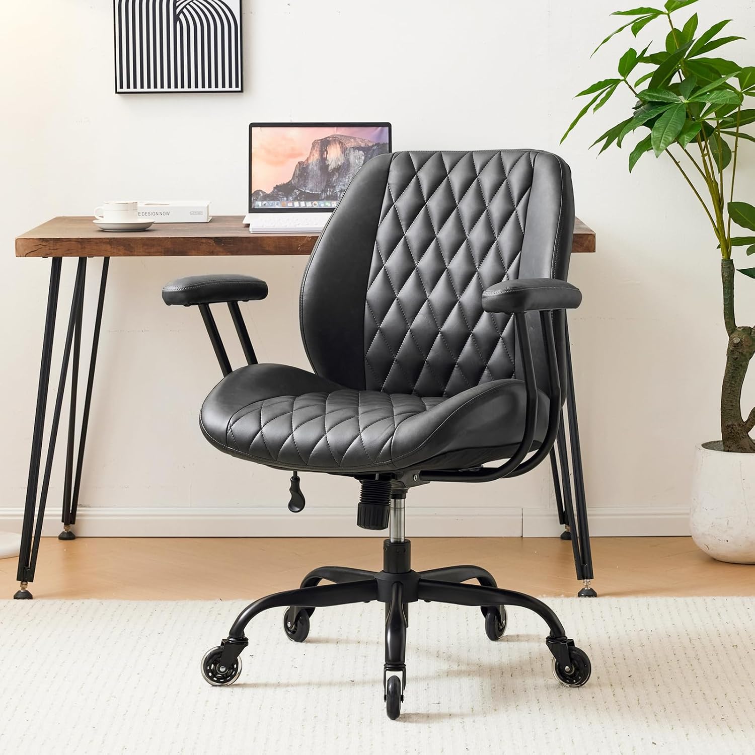 71RhRMgC9ML._AC_SL1500_.jpg Home Office Desk Chair Office Rubber Casters Ergonomic Computer Chair with Lumbar Support Adjustable Height Rolling Swivel Executive Task Armrests Chair, Black PU - Image 1