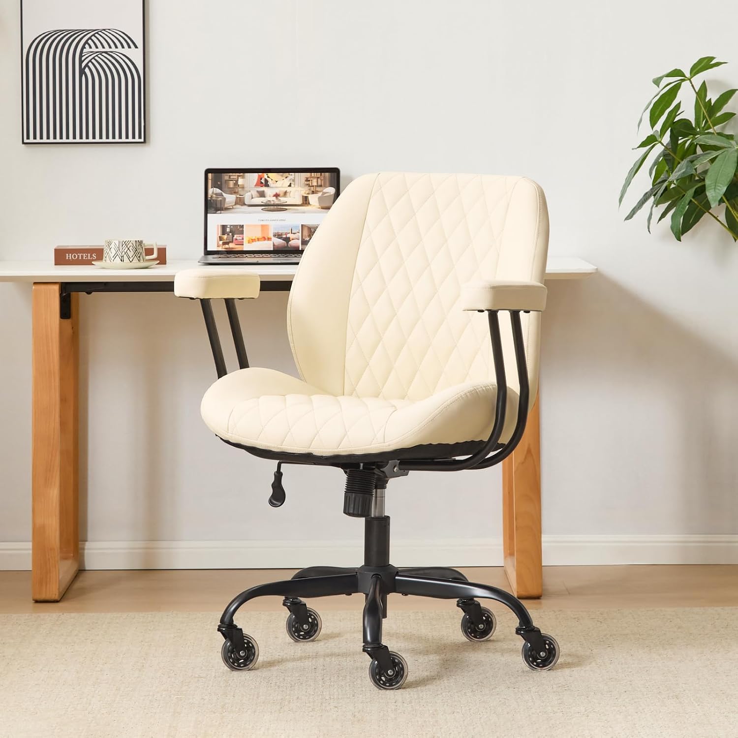 71Tu7PP0YmL._AC_SL1500_.jpg Home Office Desk Chair Office Rubber Casters Ergonomic Computer Chair with Lumbar Support Adjustable Height Rolling Swivel Executive Task Armrests Chair, Cream Leather - Image 1