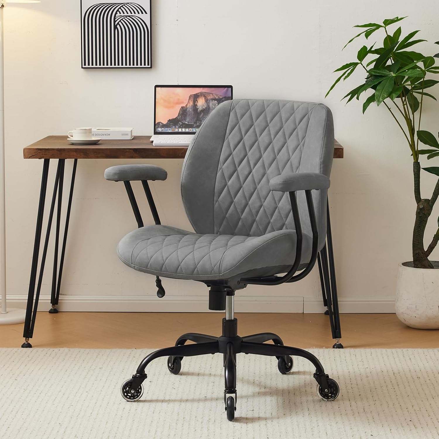 71VbgKf4GqL._AC_SL1500_.jpg Modern Ergonomic Office Desk Chair, Grey Leather with Lumbar Support, Adjustable Height, Swivel, Armrests, for Office, Gaming, Reading, Relaxing - Image 1