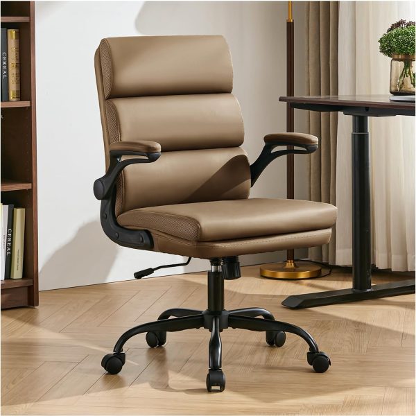 Office Chair Adjustable Desk Chair Mid Back Executive Comfortable Bonded Leather Ergonomic Back Support Home Computer Chairs with Padded Flip-up Armrest Swivel Wheels (Tan)