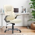High Back Executive Office Chair- Ergonomic Home Computer Desk Leather Chair with Padded Flip-up Arms, Adjustable Tilt Lock, Swivel Rolling Chair for Adult Working Study-Ivory - Image 2