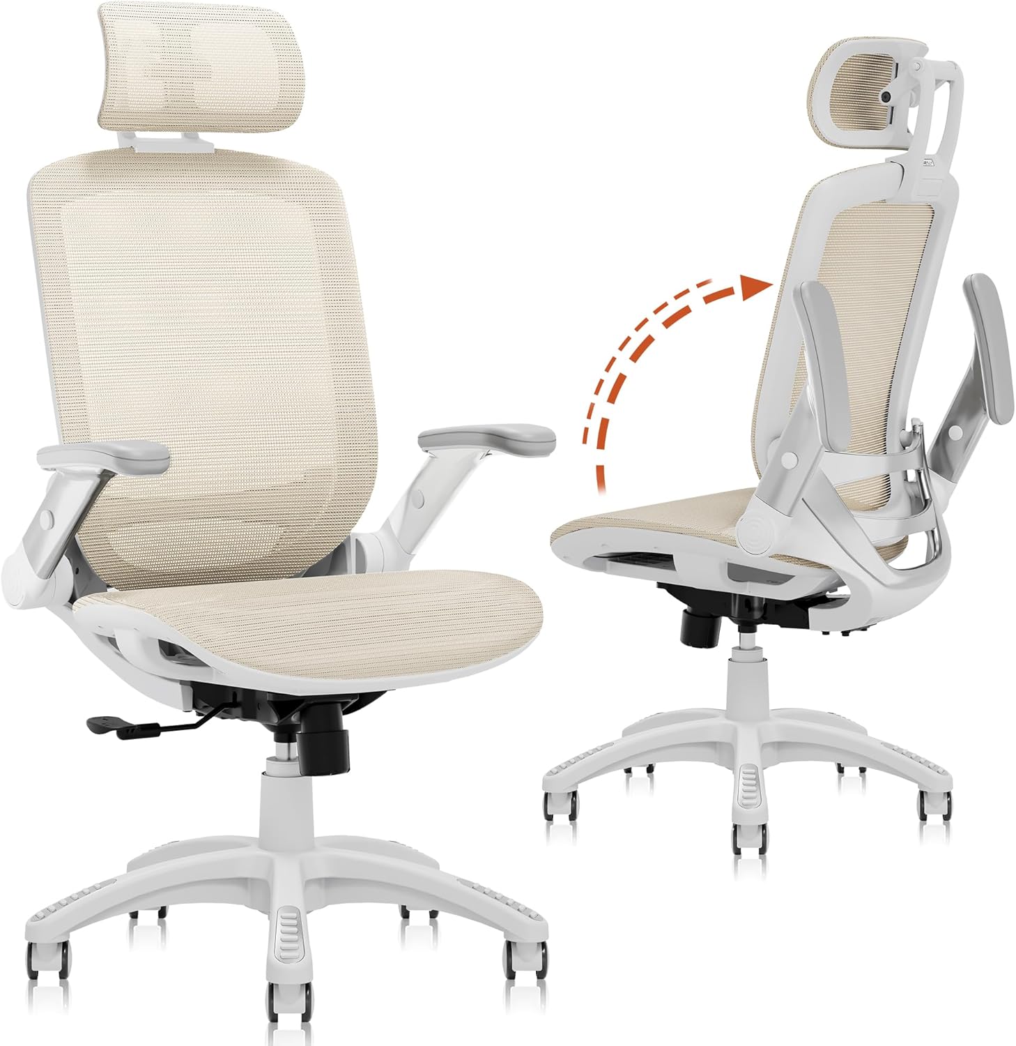812kYyJsvWL._AC_SL1500_.jpg Ergonomic Office Chair, High Back Home Desk Chair with Headrest, Flip-Up Arms, 90-120° Tilt Lock and Wide Cushion, 400LBS Mesh Chairs for Man Woman, White Task Chair(Beige,) - Image 1
