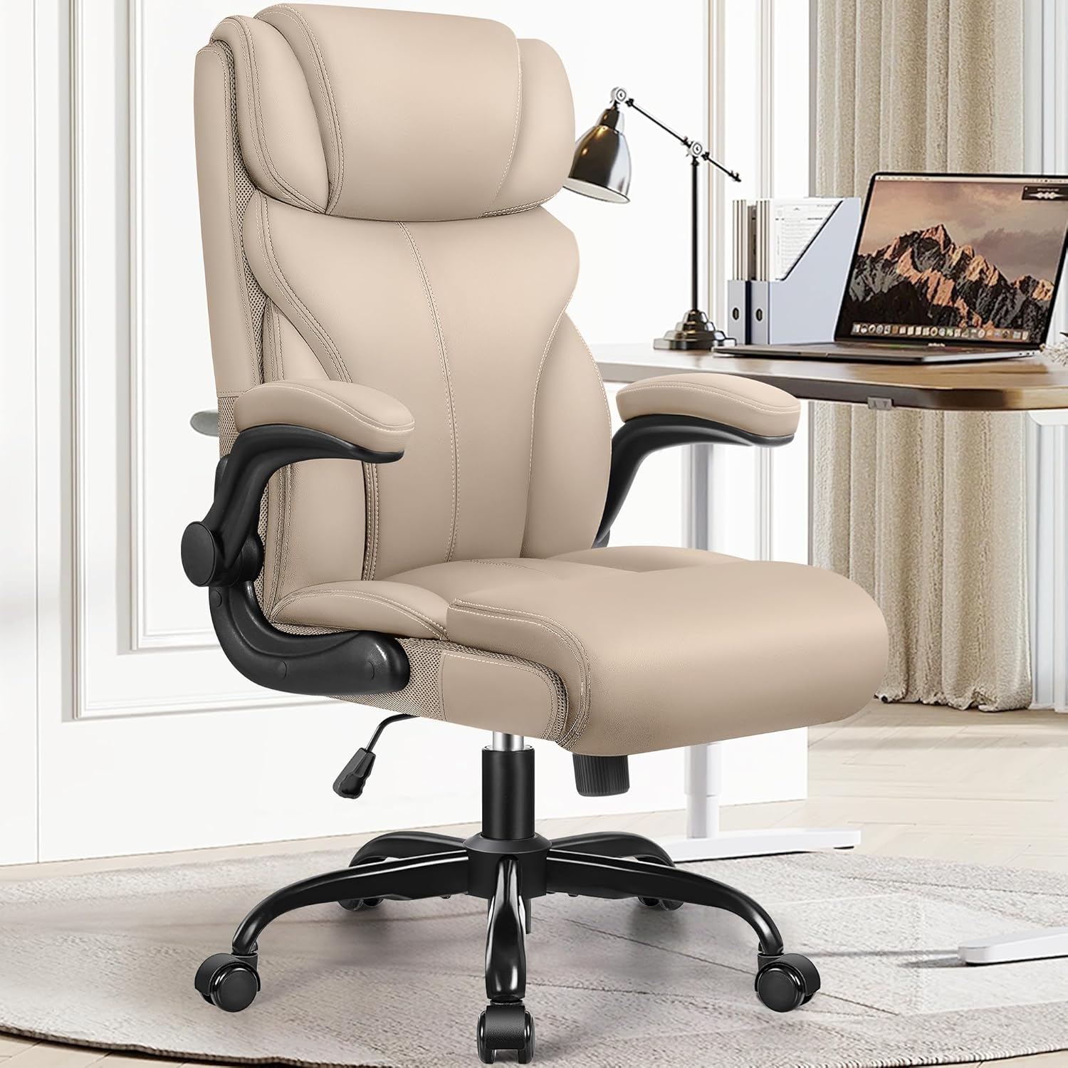 81FuewSMXPL._AC_SL1500_.jpg Office Chair, Ergonomic Big and Tall Computer Desk Chairs, Executive Breathable Leather Chair with Adjustable High Back Flip-up Armrests, Lumbar Support Swivel PC Chairs with Rocking Function - Image 1
