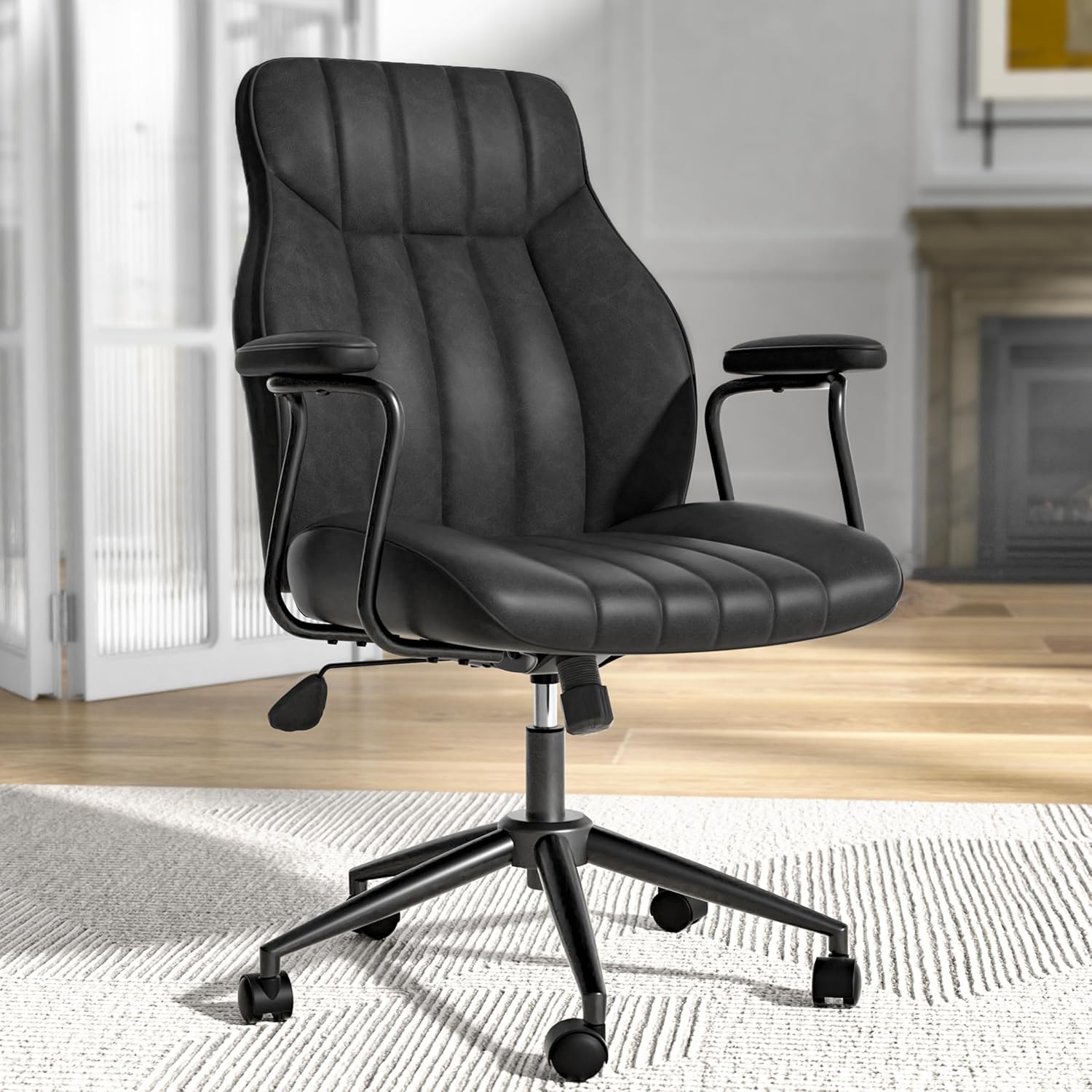 81clZfg5AkL._AC_SL1500_.jpg Black Leather Office Desk Chair with Wheels and Arms, Height Adjustable, Vintage, Mid Century Modern Style - Image 1