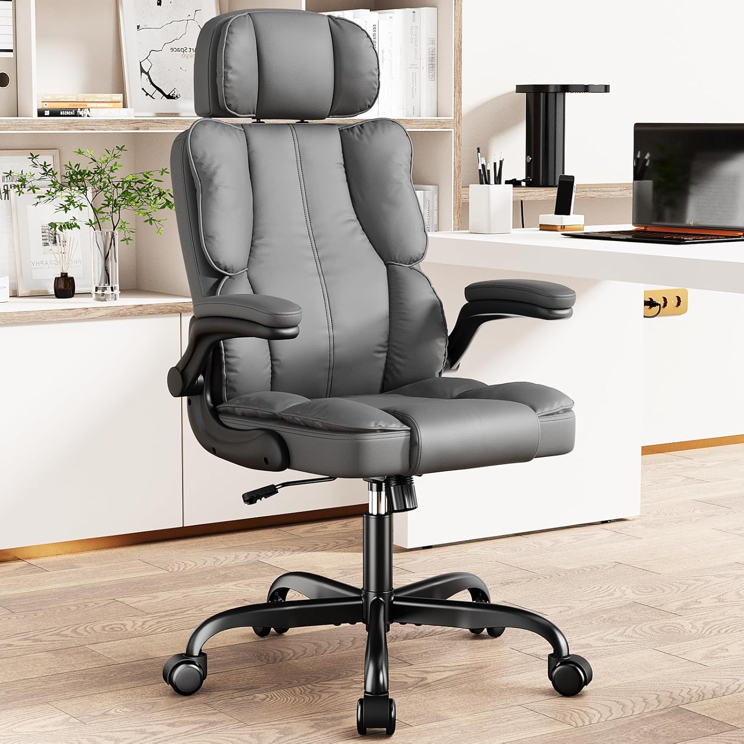 81hZP-U5vvL._AC_SL1500_.jpg Executive Leather Office Chair, Computer Chair with Thick Cushion & Lumbar Support, Ergonomic Desk Chair with Adjustable Headrest & Armrests,Grey - Image 1