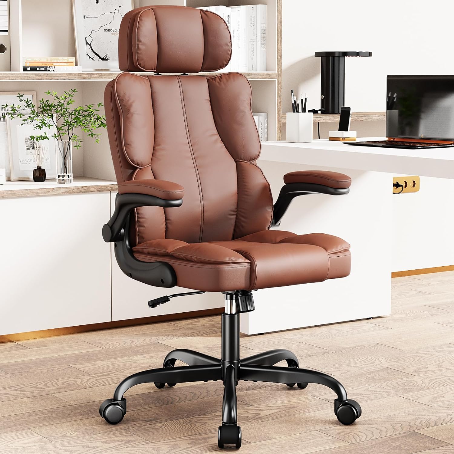 81lg6CZST8L._AC_SL1500_.jpg Executive Leather Office Chair, Computer Chair with Thick Cushion & Lumbar Support, Ergonomic Desk Chair with Adjustable Headrest & Armrests,Brown - Image 1